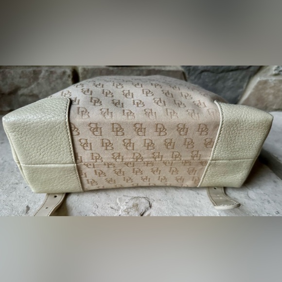 Vintage Dooney & Bourke Beige Canvas Logo Backpack with Cream Leather Trim